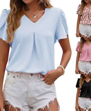 Women's Clothing Casual V-neck Puffed Sleeves Temperament Top Short Sleeve T-shirt
