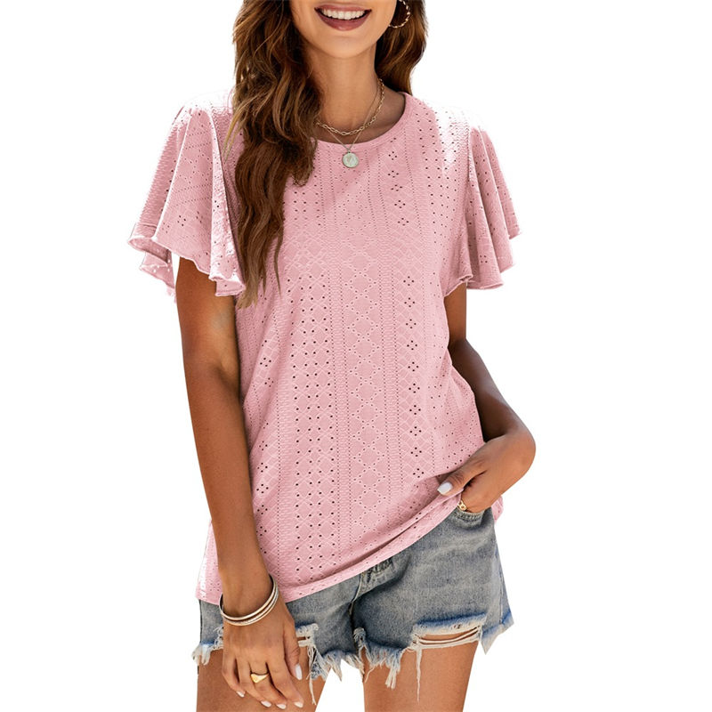 Summer T-shirt Hollow Waist Ruffle Sleeve Casual Top Short Sleeved T-shirt - Image 4