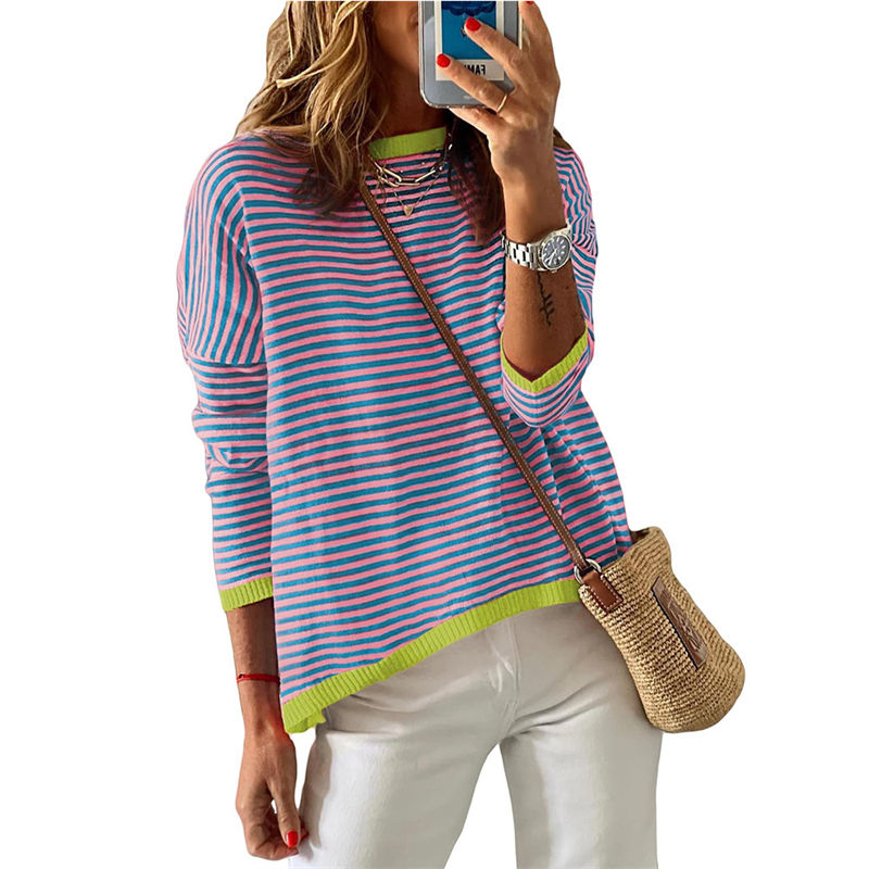 Women's Clothing Round Neck Striped Contrast Color Long Sleeves Casual Sweater - Image 3