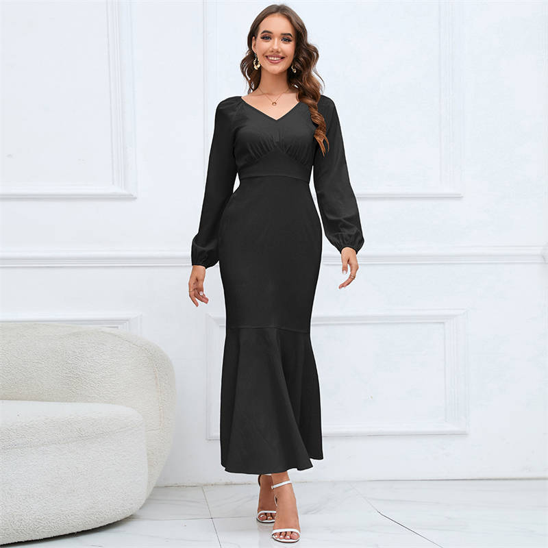 Women's Clothing V-neck Long-Sleeved Fishtail Dress Waist Slim Temperament Long Dress plus Size - 图片 6