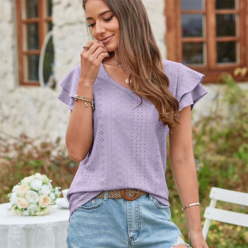Summer Women's Clothing T-shirt Hole Hollow-out Ruffle Sleeve Casual Top - Image 5