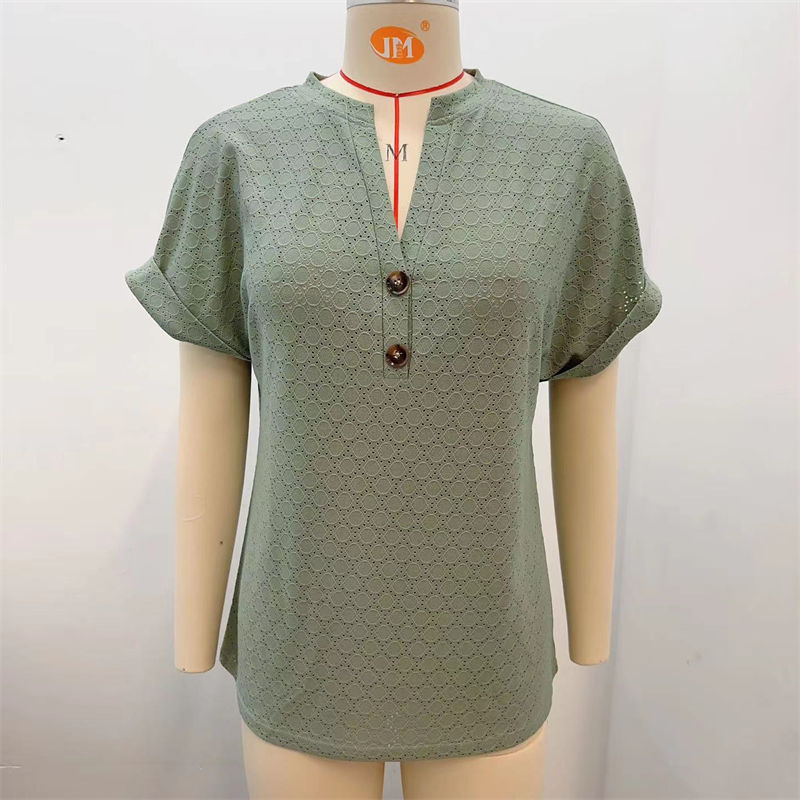 Spring/Summer V-neck Button Solid Color Polka Dot Loose Short Sleeve T-shirt for Women - 图片 5