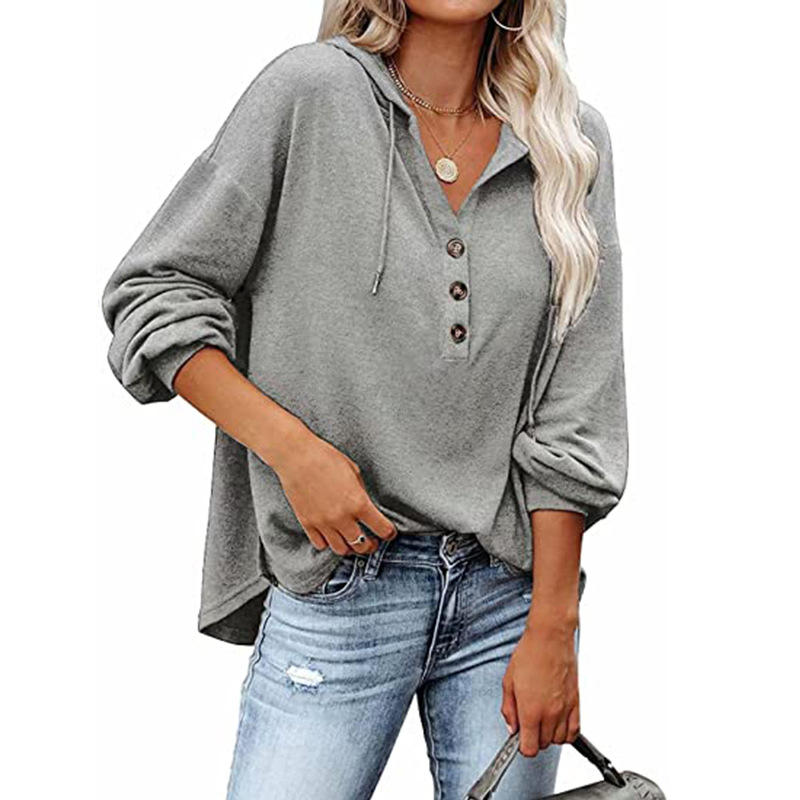 Fashion Casual Loose Solid Color Hoodie Sweater Buttons Long Sleeve Blouse - Image 6