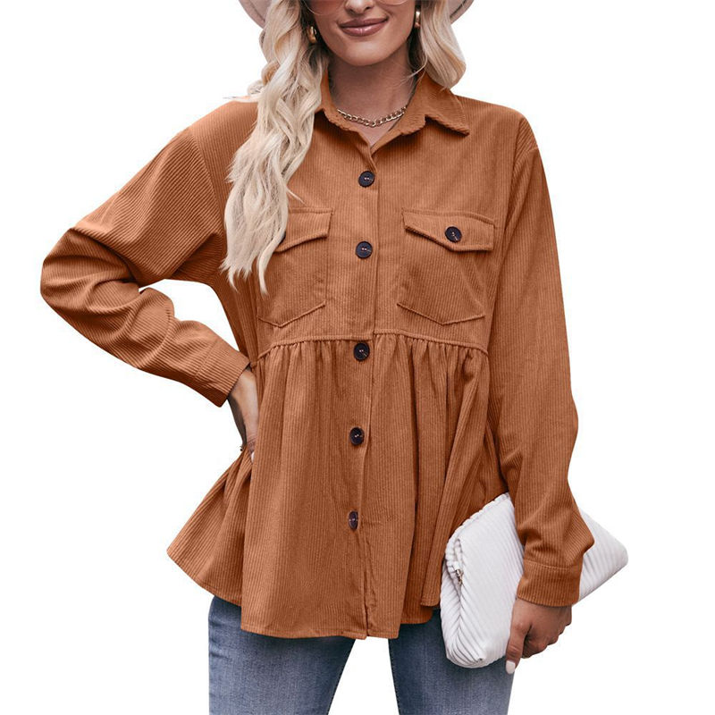 Women Clothing Solid Color Button Leisure Doll Shirt Babydoll Corduroy T-Shirt Casual Top - 图片 4