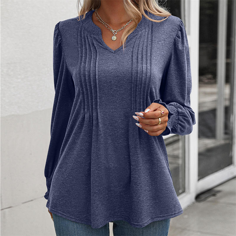Women's Clothing Solid Color Casual Top Puff Sleeve Smocking V-neck Long Sleeve T-shirt - Image 14