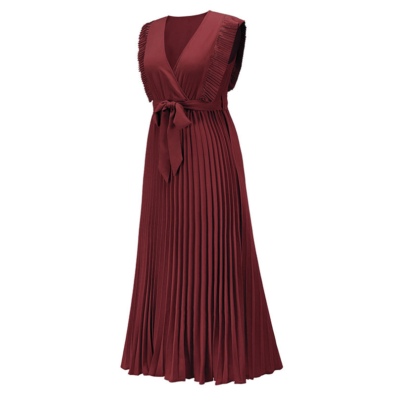 Temperament Beach Long Dress Fashion Slim Sexy Ruffle Sleeve Chiffon Pleated Skirt Solid Color Dress - Image 6