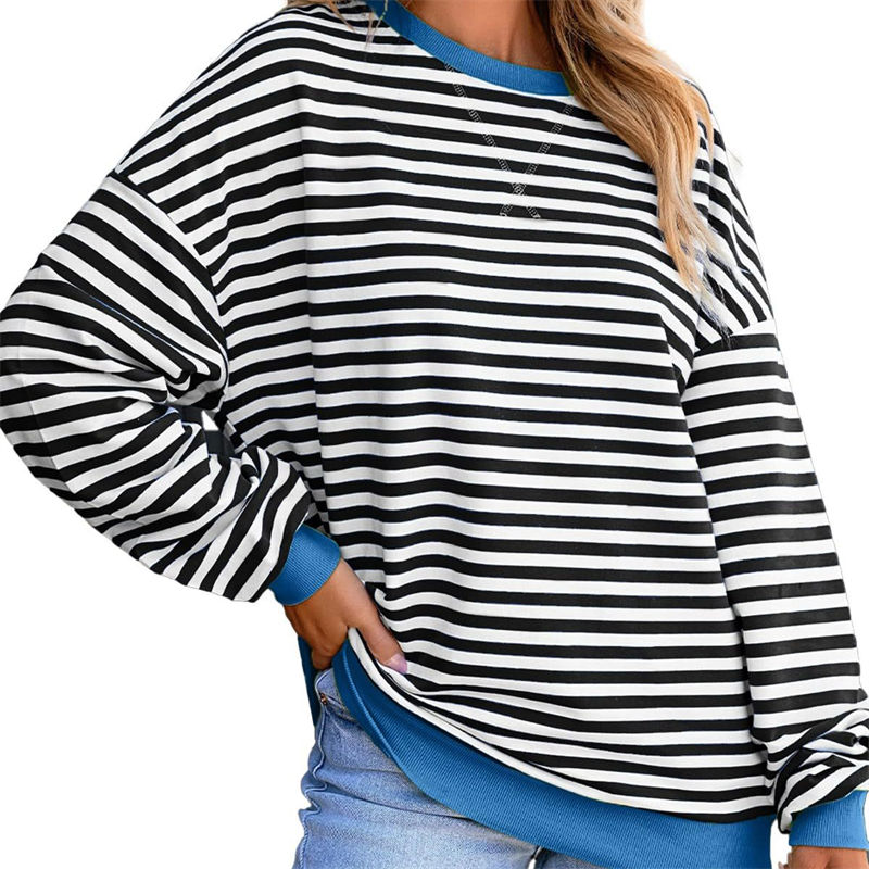 Color Striped round Neck Loose Sweatshirt Sweater for Women Long Sleeve Blouse - 图片 6