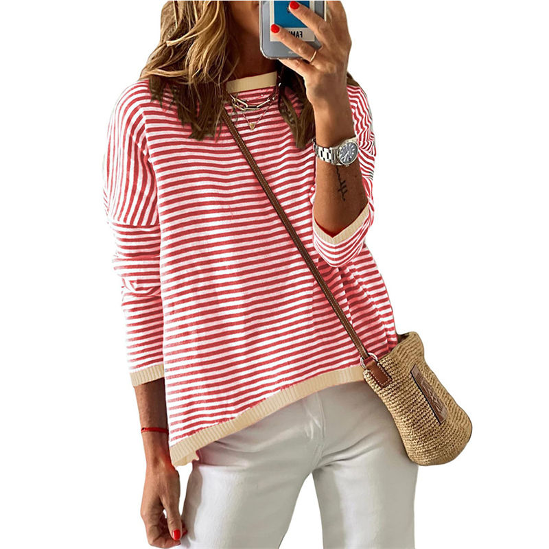 Women's Clothing Round Neck Striped Contrast Color Long Sleeves Casual Sweater - Image 4
