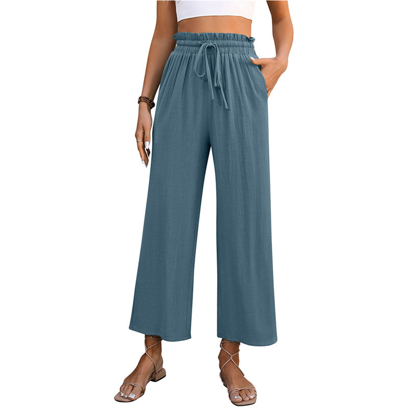 Women's Clothing Spring Casual Solid Color Loose Cotton and Linen High Waist Wide Leg Trousers - Image 3