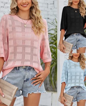 Summer Women's Clothing Round Neck Hollow Sun Protection Knitted Sweater Blouse