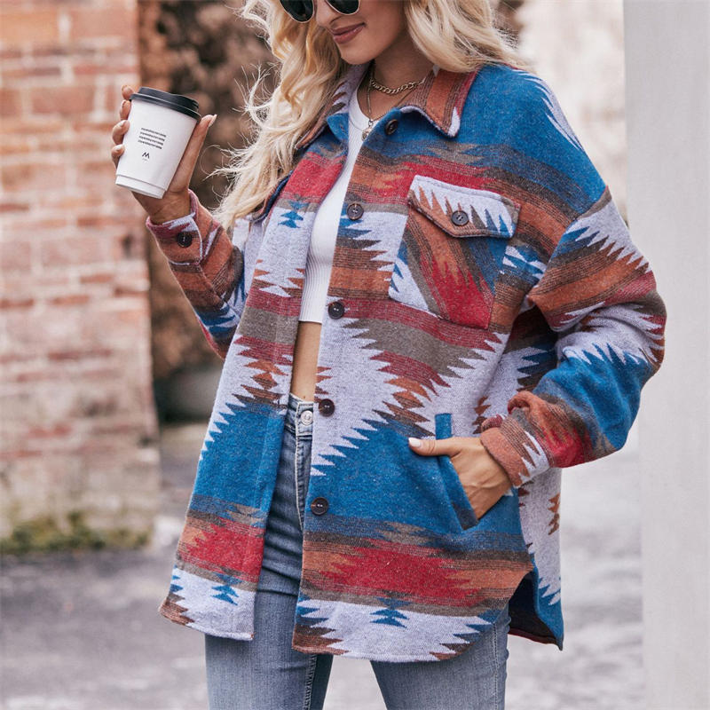 Women's Geometric Jacket Shirt Lapel Woolen Coat Long-Sleeved Loose Coat - 图片 9