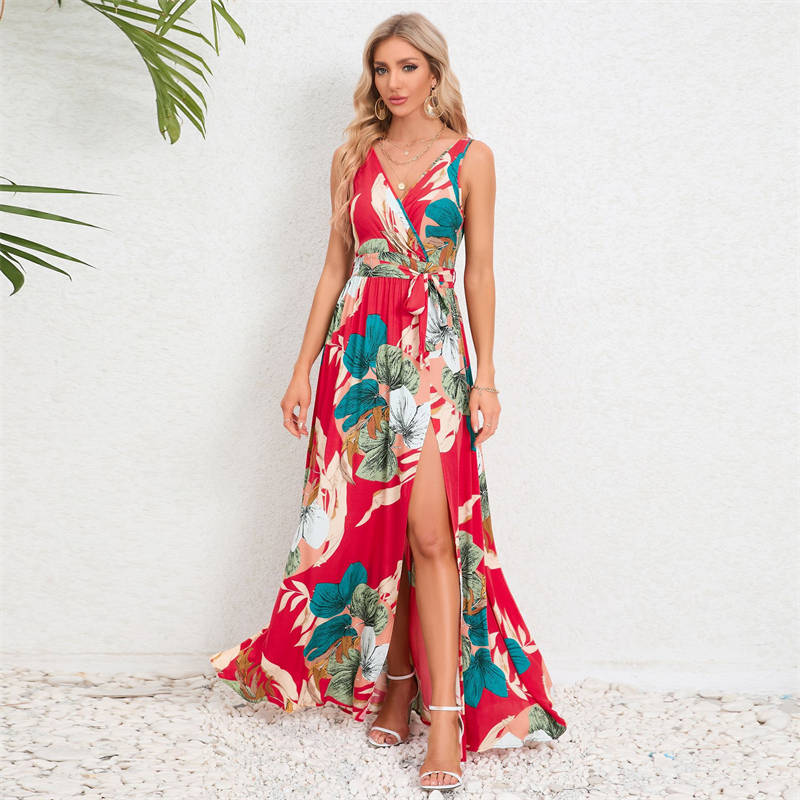 Summer Women Clothing V-neck Sleeveless Slit Printed Long Sling Dress - 图片 13