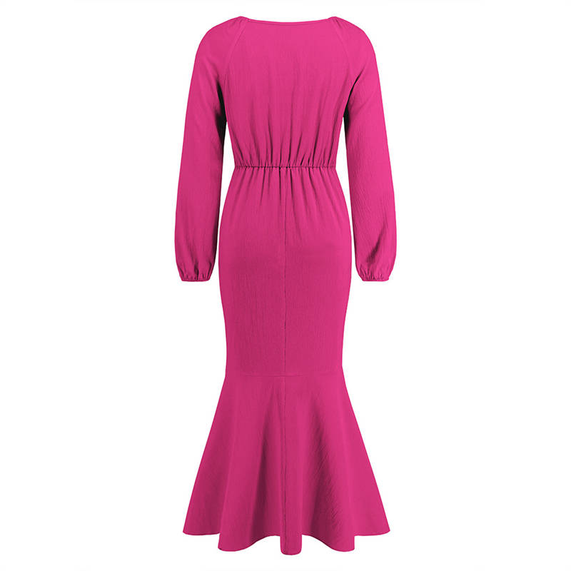 Women's Clothing V-neck Long-Sleeved Fishtail Dress Waist Slim Temperament Long Dress plus Size - 图片 15