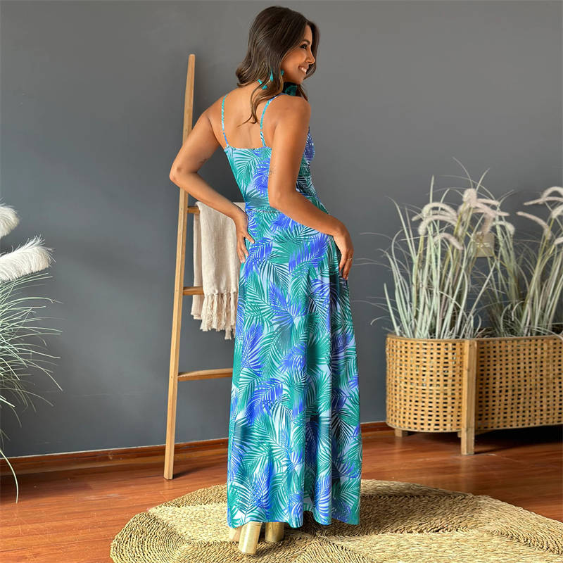 Fashion Women's Wear V-neck Printing Elegant A Swing Long Halter Dress - Image 17