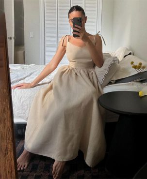 Women's Pure Cotton V-neck Skirt with Shoulder Straps Elegant Sexy Lace-up Backless Dress