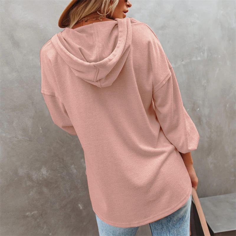 Fashion Casual Loose Solid Color Hoodie Sweater Buttons Long Sleeve Blouse - Image 4