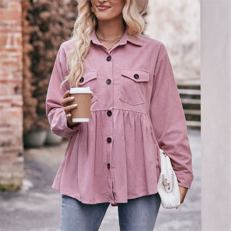 Women Clothing Solid Color Button Leisure Doll Shirt Babydoll Corduroy T-Shirt Casual Top - 图片 9