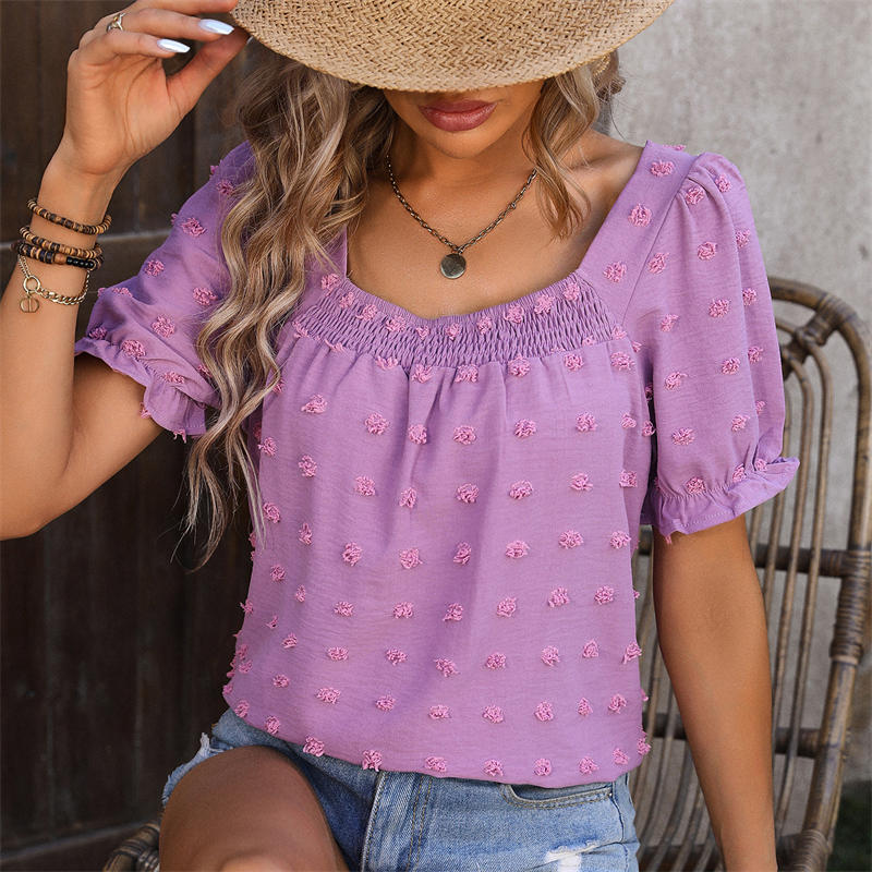 Chiffon Fur Ball Short-Sleeved Shirt Square Collar Smocking T-Shirt Solid Color Top - Image 12