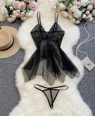 Sexy Lingerie Sexy Hot Mesh See-through Cute Tulle Nightdress Seductive Set Ladies