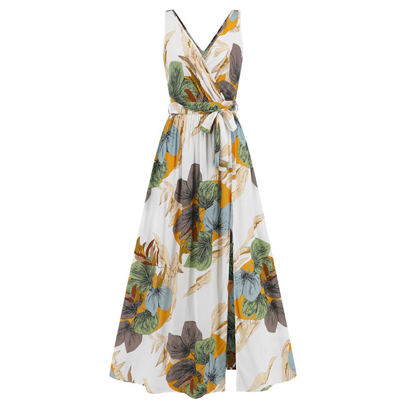 Summer Women Clothing V-neck Sleeveless Slit Printed Long Sling Dress - 图片 7