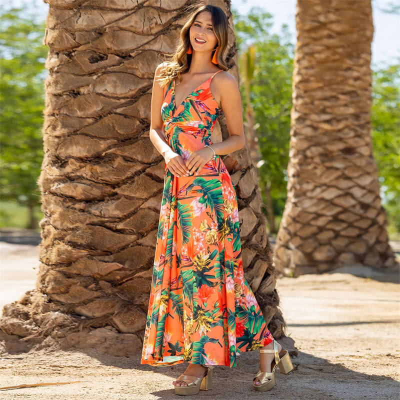 Fashion Women's Wear V-neck Printing Elegant A Swing Long Halter Dress - Image 7