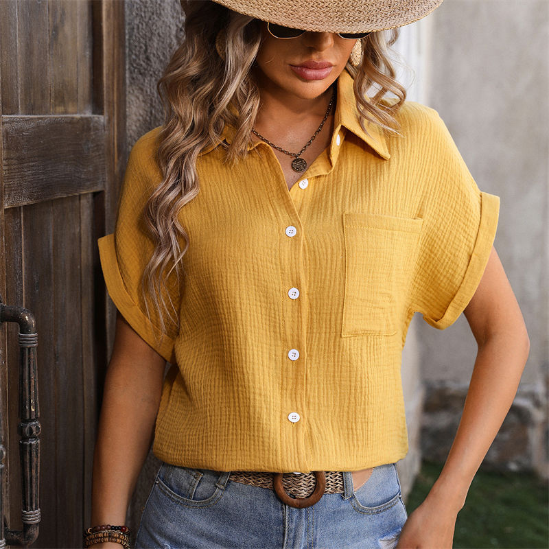 Women's Clothing Loose Short Sleeve Pocket Casual Champray Shirt Short Sleeved T-shirt - Image 8