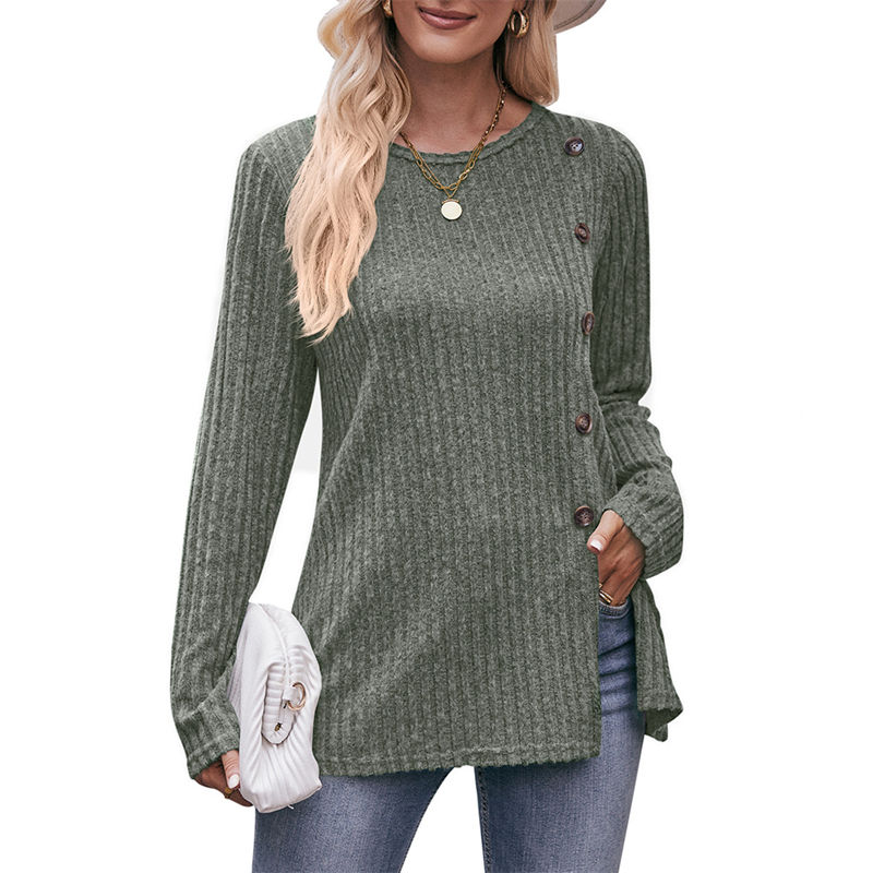 Women's Solid Color Round Neck Sunken Stripe Brushed Slit Fashion Button T-shirt - 图片 5