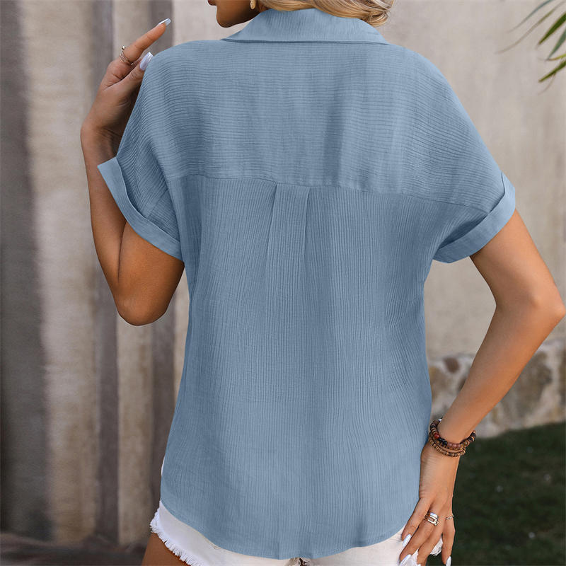 Women's Clothing Loose Short-Sleeved Casual Pleated Shirt Solid Color T-Shirt - 图片 6