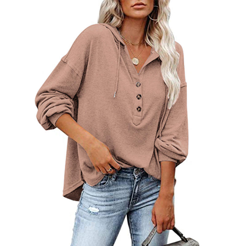 Fashion Casual Loose Solid Color Hoodie Sweater Buttons Long Sleeve Blouse - Image 7