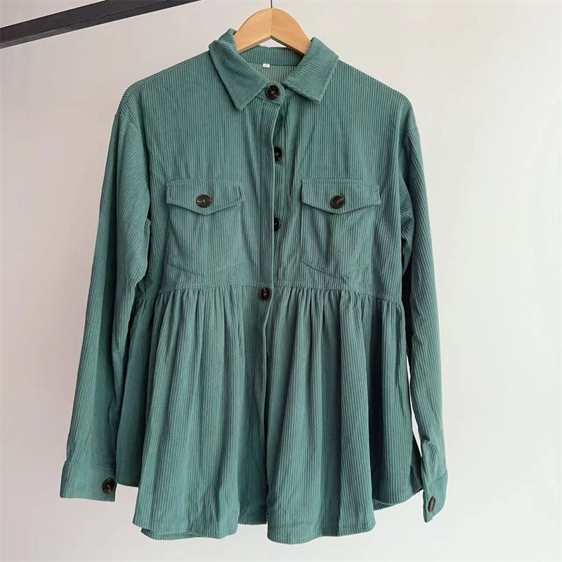 Women Clothing Solid Color Button Leisure Doll Shirt Babydoll Corduroy T-Shirt Casual Top - 图片 5