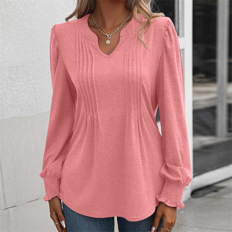 Women's Clothing Solid Color Casual Top Puff Sleeve Smocking V-neck Long Sleeve T-shirt - Image 15