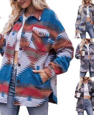 Women's Geometric Jacket Shirt Lapel Woolen Coat Long-Sleeved Loose Coat