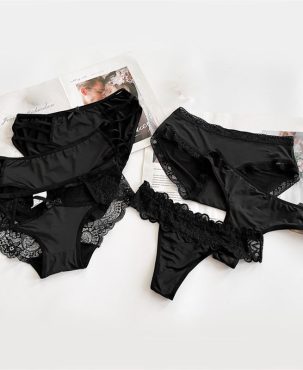 Ladies Underwear Black Sexy Low Waist Stretch T-Back Breathable Lace Cotton Crotch Briefs