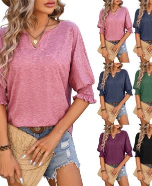 Women's Clothing Summer Loose V-neck Batwing Sleeve Smocking Color Cotton T-shirt