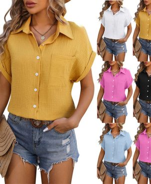 Women's Clothing Loose Short Sleeve Pocket Casual Champray Shirt Short Sleeved T-shirt