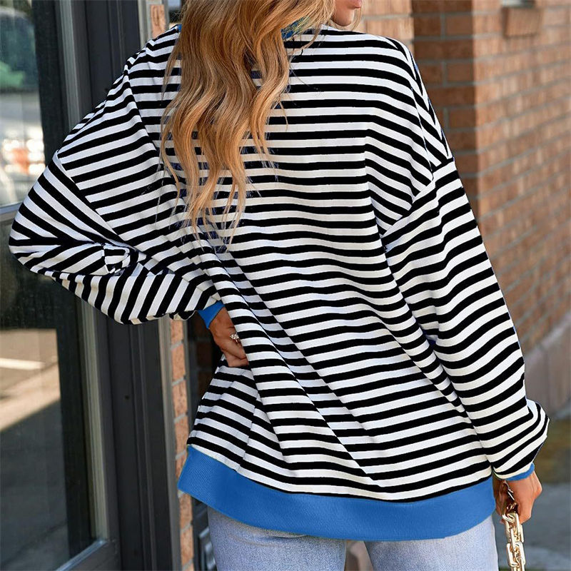 Color Striped round Neck Loose Sweatshirt Sweater for Women Long Sleeve Blouse - 图片 9