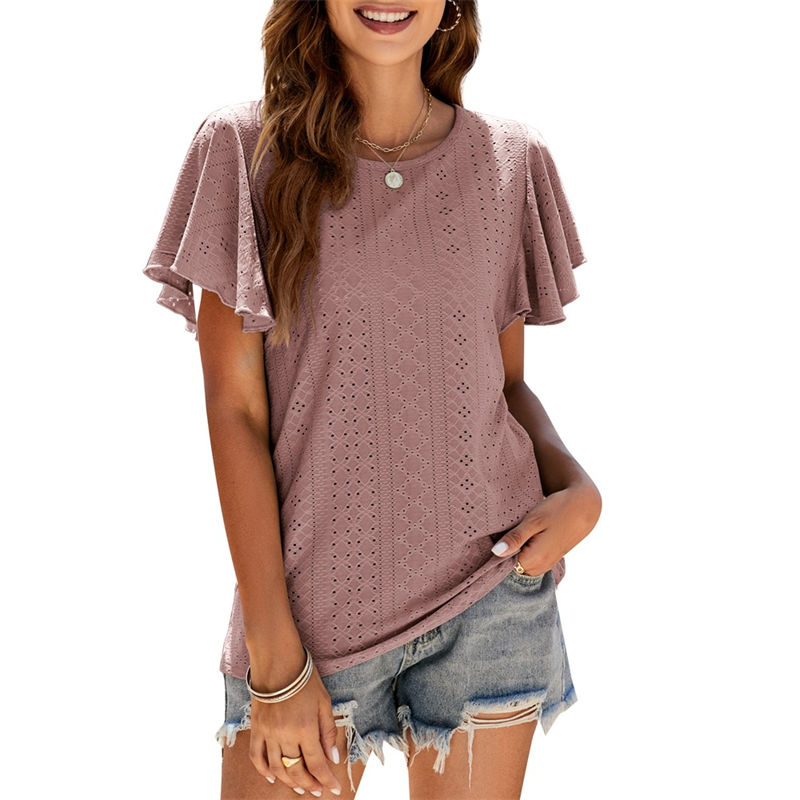Summer T-shirt Hollow Waist Ruffle Sleeve Casual Top Short Sleeved T-shirt - Image 6