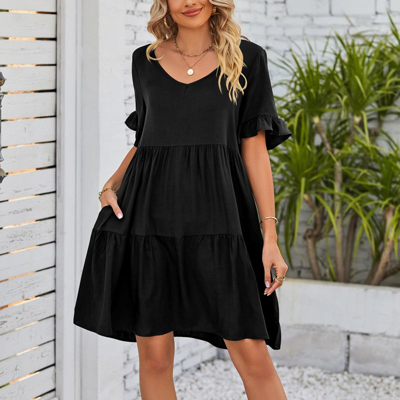 Women's Clothes Summer Casual V-neck Three-Layer Pleated Dress Short Sleeved Skirt - Image 7