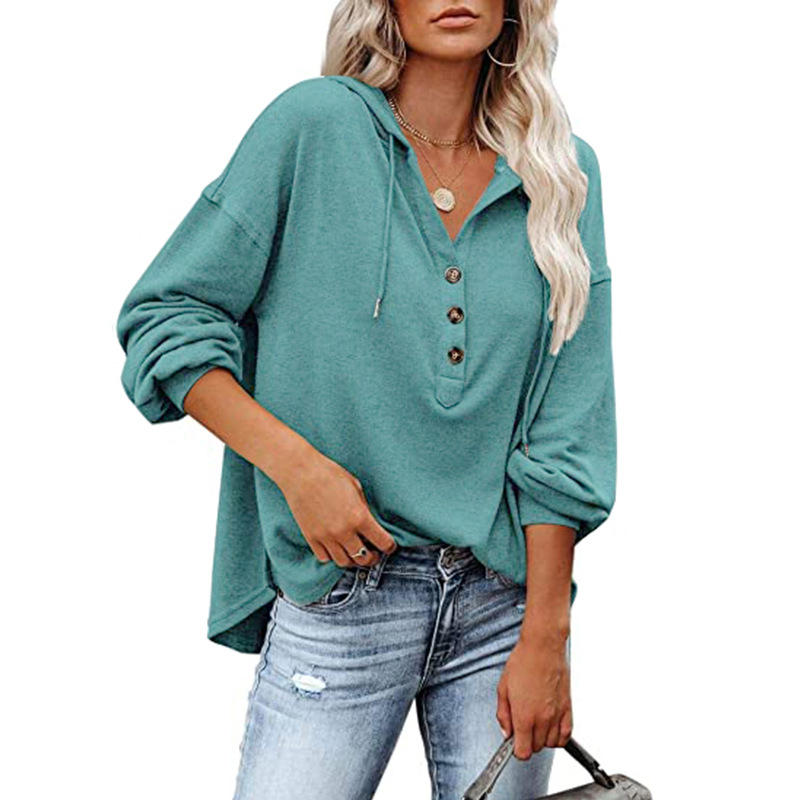 Fashion Casual Loose Solid Color Hoodie Sweater Buttons Long Sleeve Blouse - Image 8