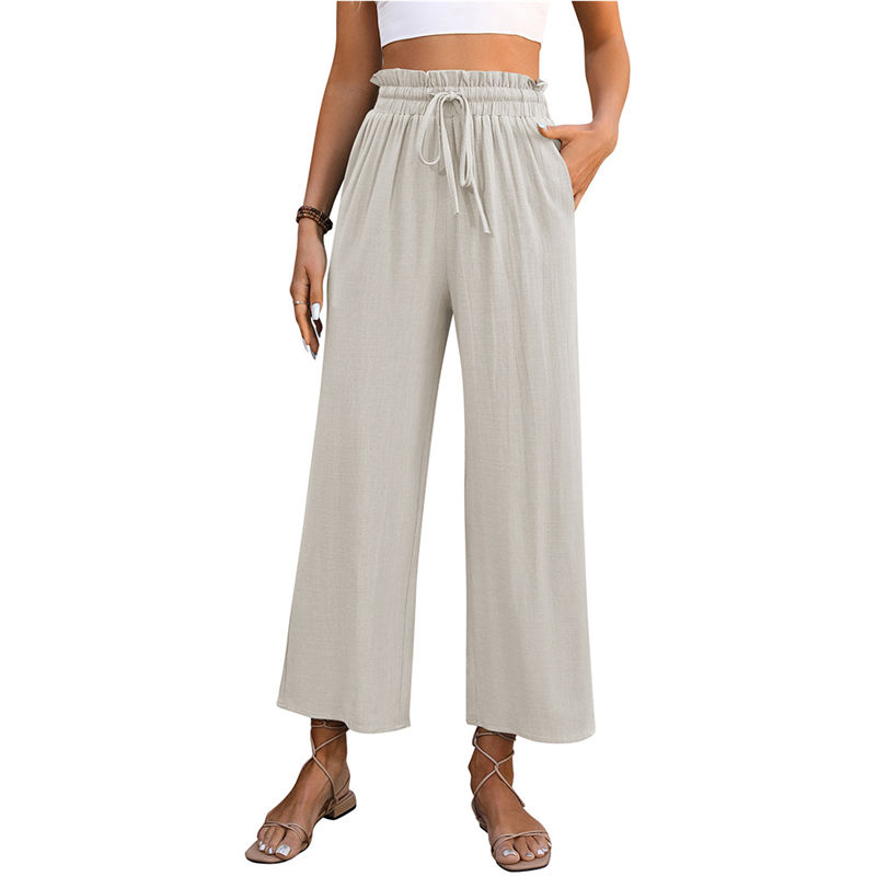 Women's Clothing Spring Casual Solid Color Loose Cotton and Linen High Waist Wide Leg Trousers - Image 4