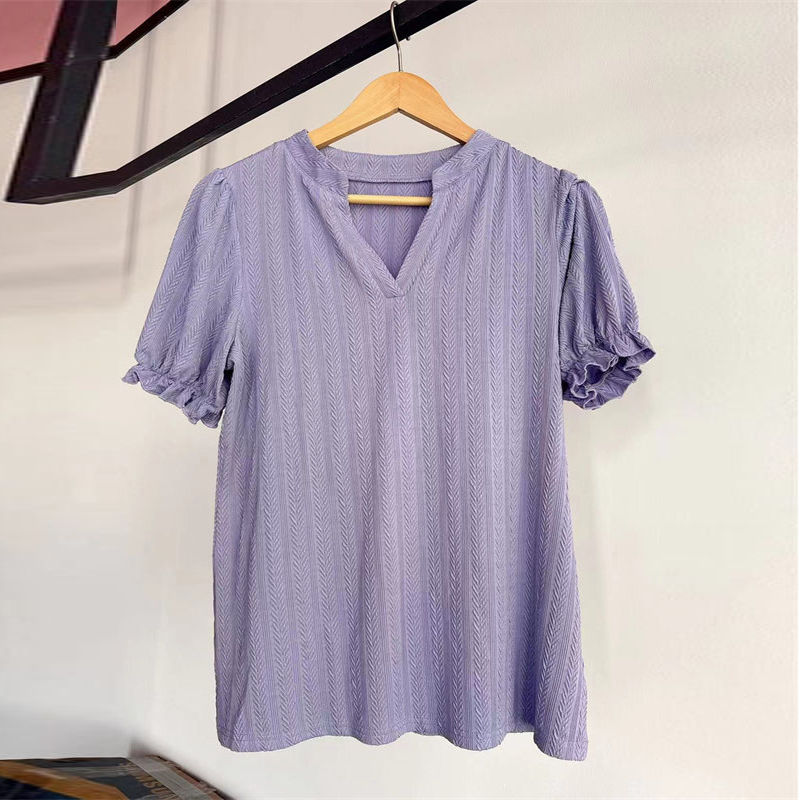 Women's Clothing Solid Color T-shirt V-neck Short Sleeve Fashion Top Temperament Blouse - Image 8