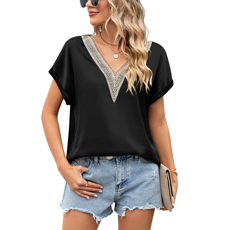 Women's Clothing V-neck Lace Satin Short Sleeve Shirt Batwing Sleeve Top - Image 3