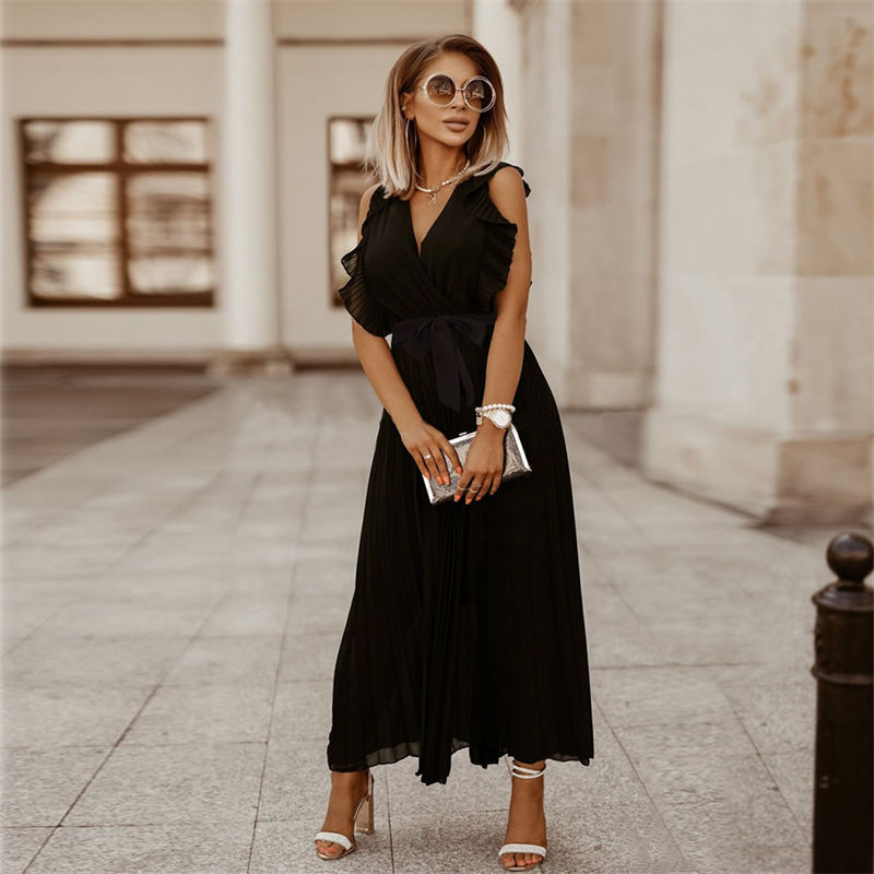 Temperament Beach Long Dress Fashion Slim Sexy Ruffle Sleeve Chiffon Pleated Skirt Solid Color Dress - Image 8