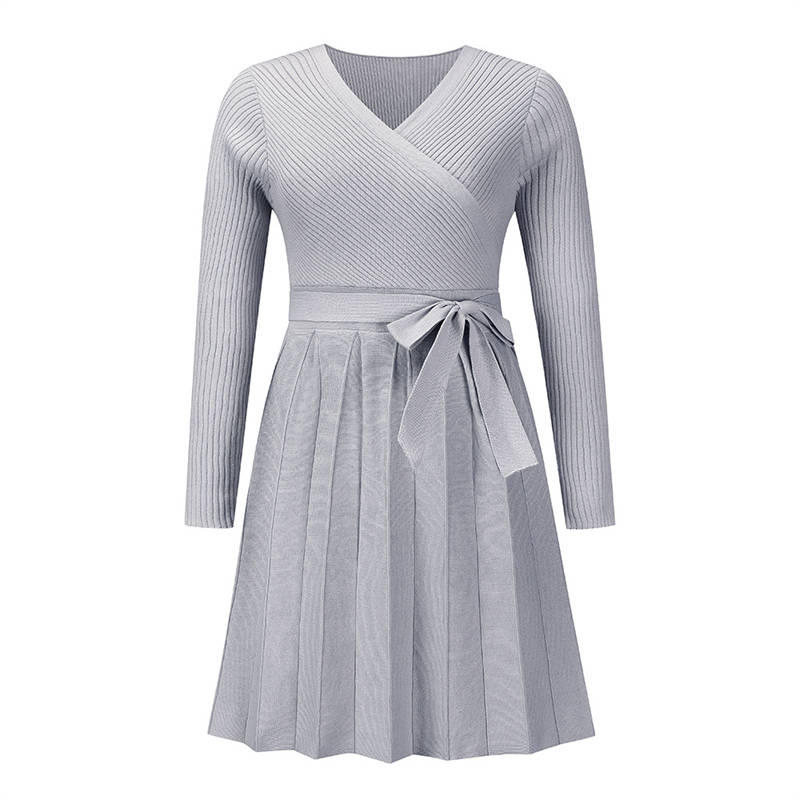 Fashion Sweater Dress Sexy V-neck Pleated Knitted A-Line Dress Long Sleeve - Image 12