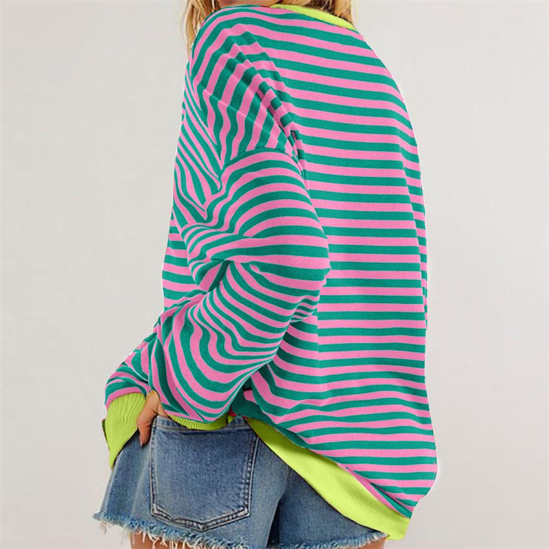 Color Striped round Neck Loose Sweatshirt Sweater for Women Long Sleeve Blouse - 图片 12