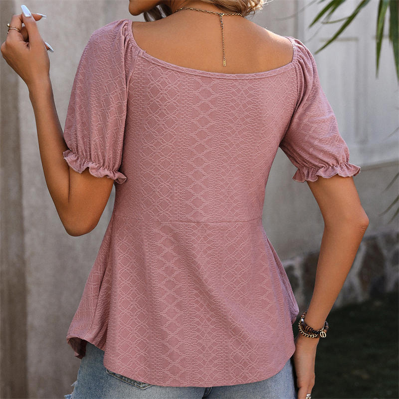 Women's Clothing V-neck Drawstring Girdle Sexy Short Sleeve Solid Color T-shirt - Image 7