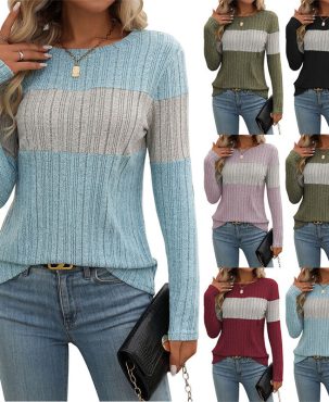 Women's Clothing Casual Multicolor Sunken Stripe T-shirt Long Sleeves Round Beck Top