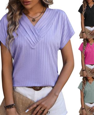 Women's Clothing Summer V-neck Jacquard Top T-shirt with Short Sleeves