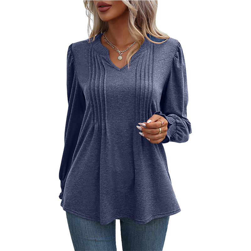 Women's Clothing Solid Color Casual Top Puff Sleeve Smocking V-neck Long Sleeve T-shirt - Image 3