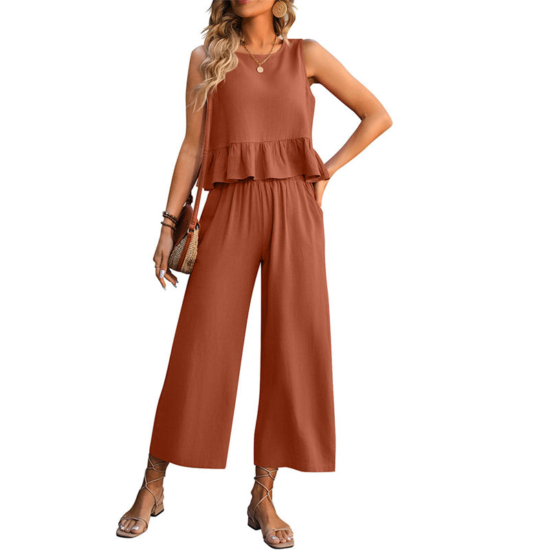 Women's Clothing Sleeveless Vest Wide Leg Cropped Pants Leisure Vacation Suit - 图片 4